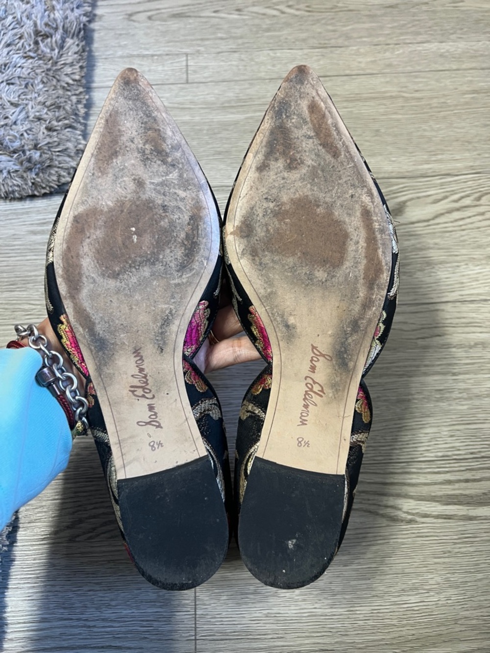 Sam Edelman Black Pointed D'Orsay Flats with Pink and Gold Floral Embroidery - Picture 8 of 12